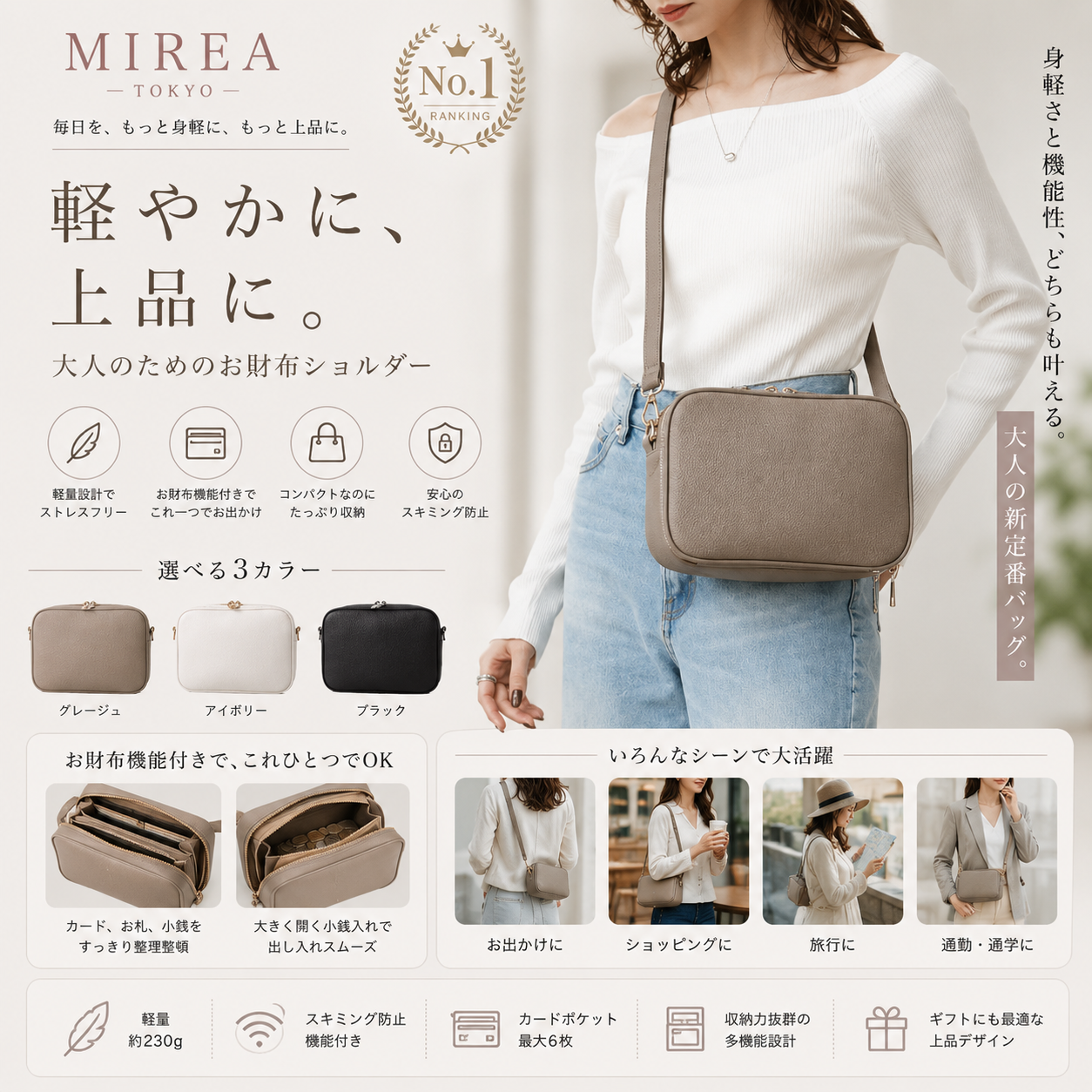 お財布ショルダーバッグ｜軽量・スキミング防止・多機能収納・カード収納付き